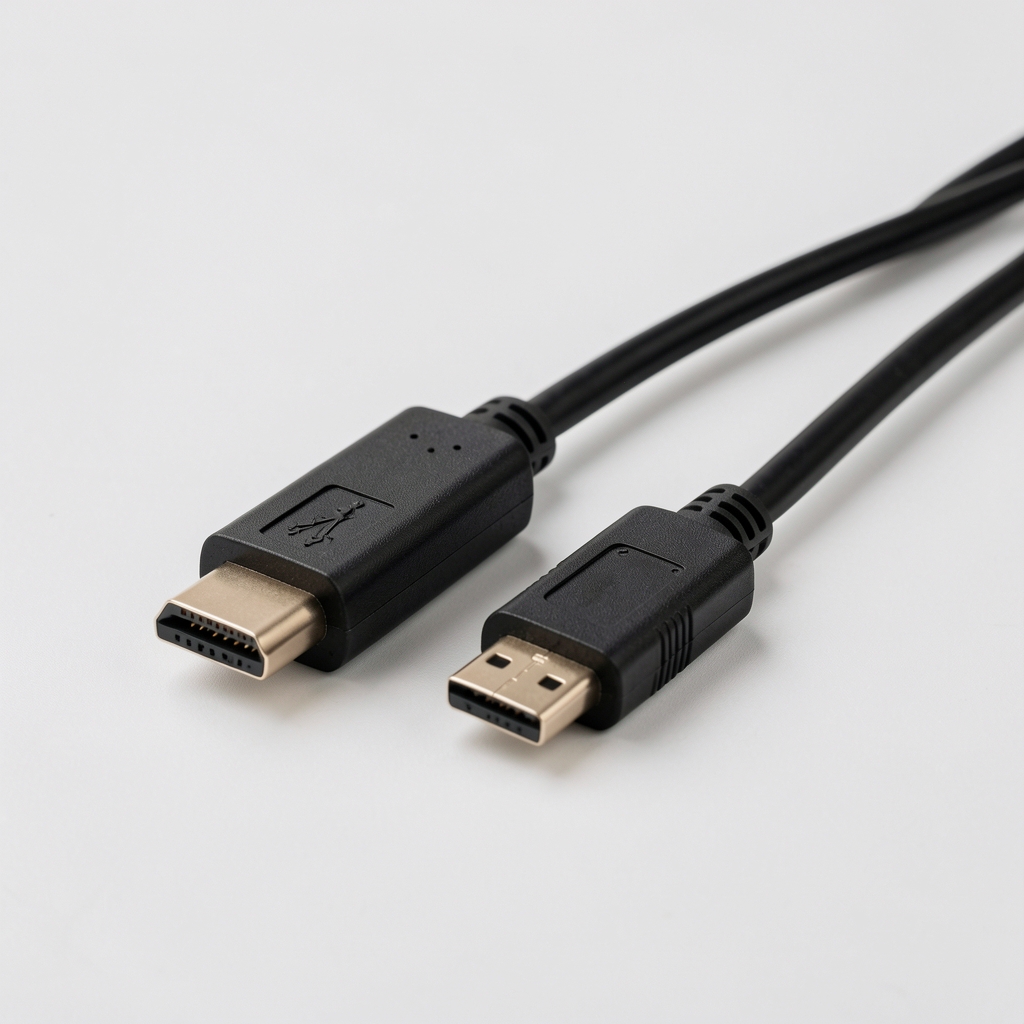 Adaptor HDMI compact lângă un cablu video negru fără persoane