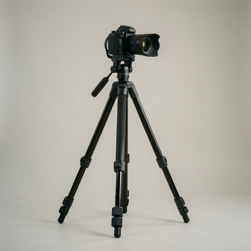 Trepied foto negru cu cap panoramic pe podea de studio fără persoane