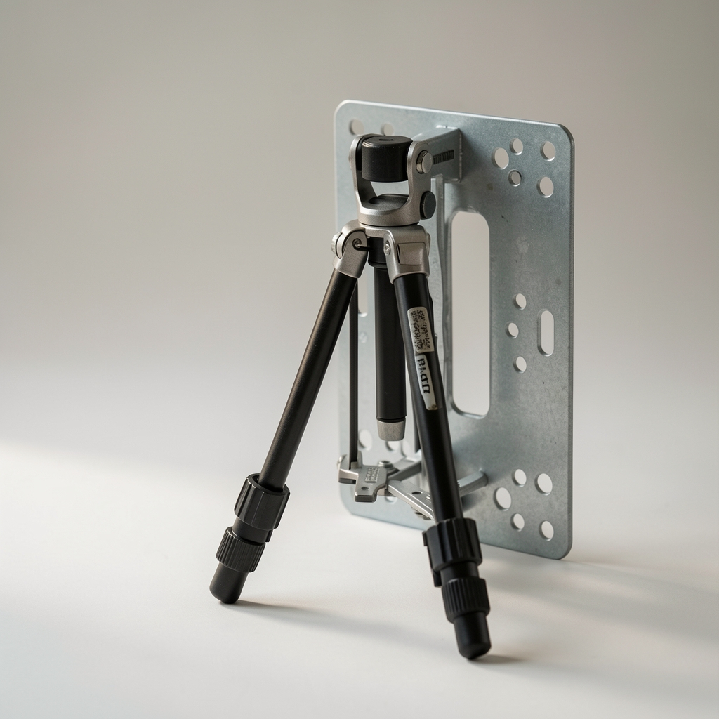 Trepied compact pliat lângă o placă de montare fără persoane