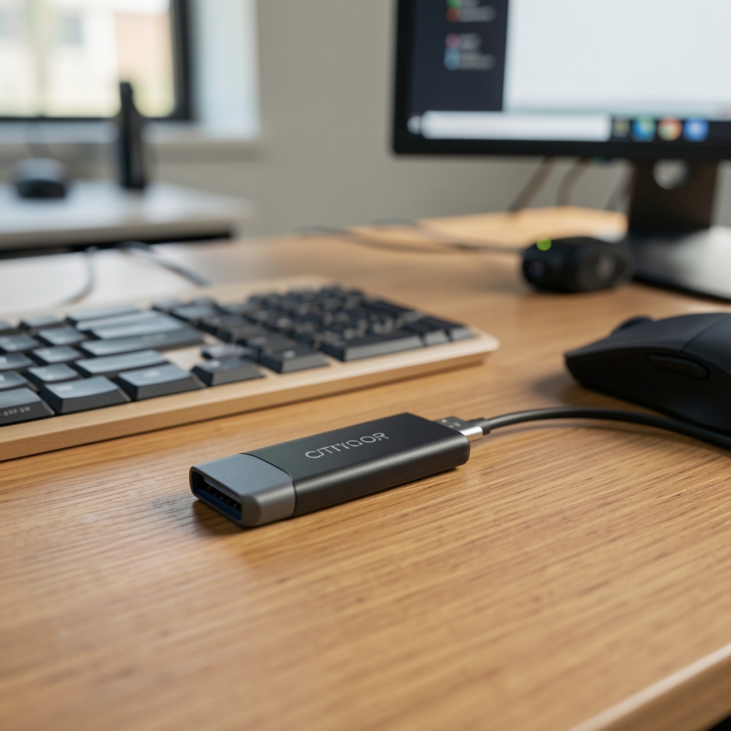 Cititor USB-C pentru card de memorie pe birou tehnic fără persoane